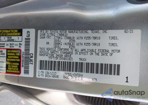 2021 Toyota Tundra Sr z USA, uszkodzony, nr VIN 5TFTY5F15MX011821